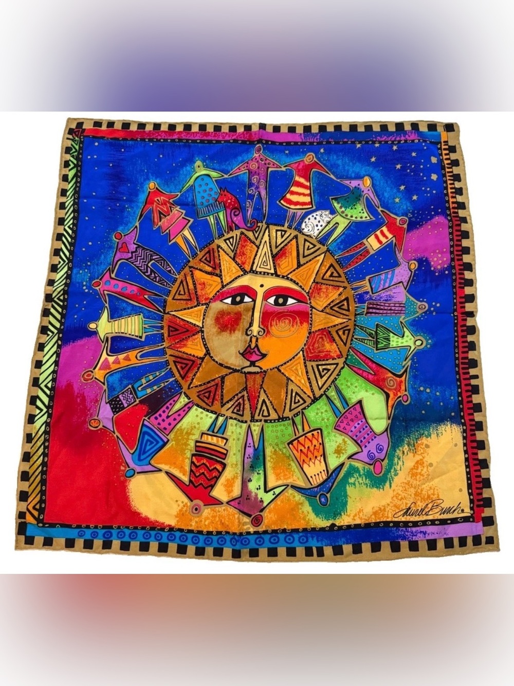 Laurel Burch Silk Scarf Celestial Sun Art Colorful Square 20x20 Whimsical Cosmic
